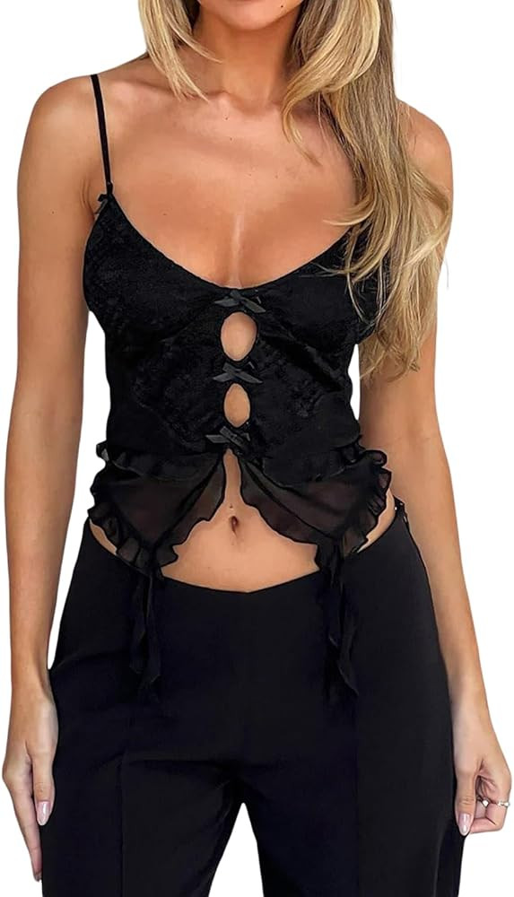 Y2k Lace Cami Crop Top for Women Sexy Backless Sleeveless Spaghetti Strap Camisoles Mesh Going Ou... | Amazon (US)