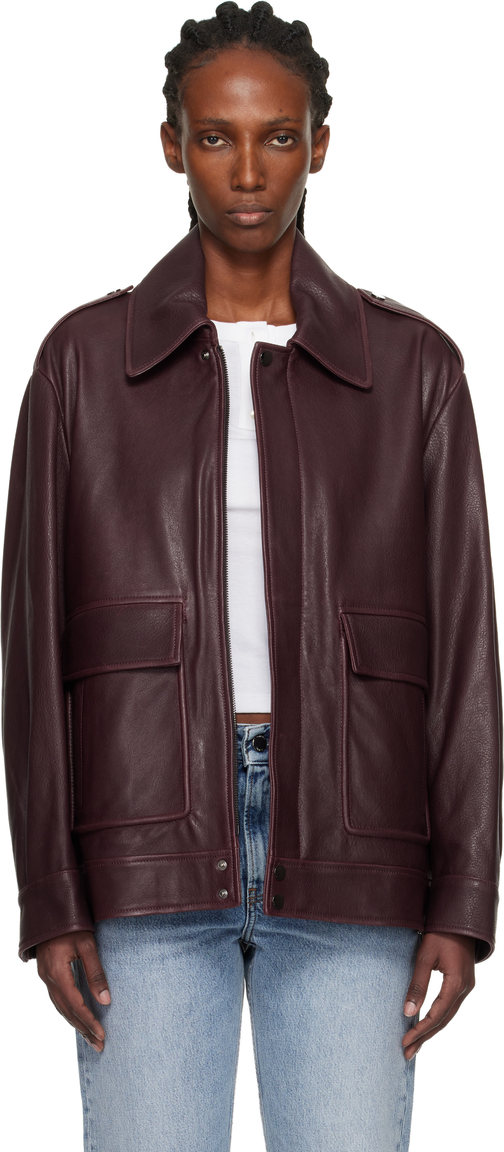Nour Hammour Burgundy Drey 'The It Girl' Leather Jacket | SSENSE