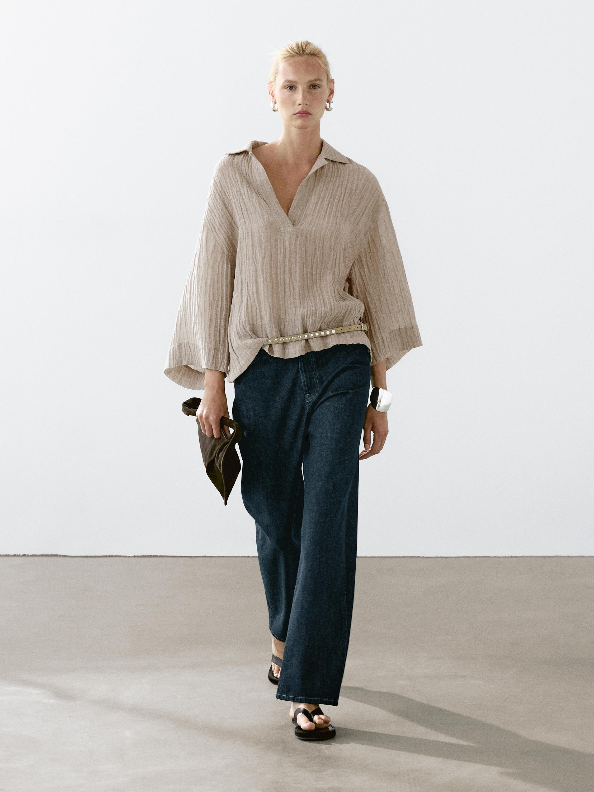 Flowing linen blend blouse with open neckline | Massimo Dutti UK