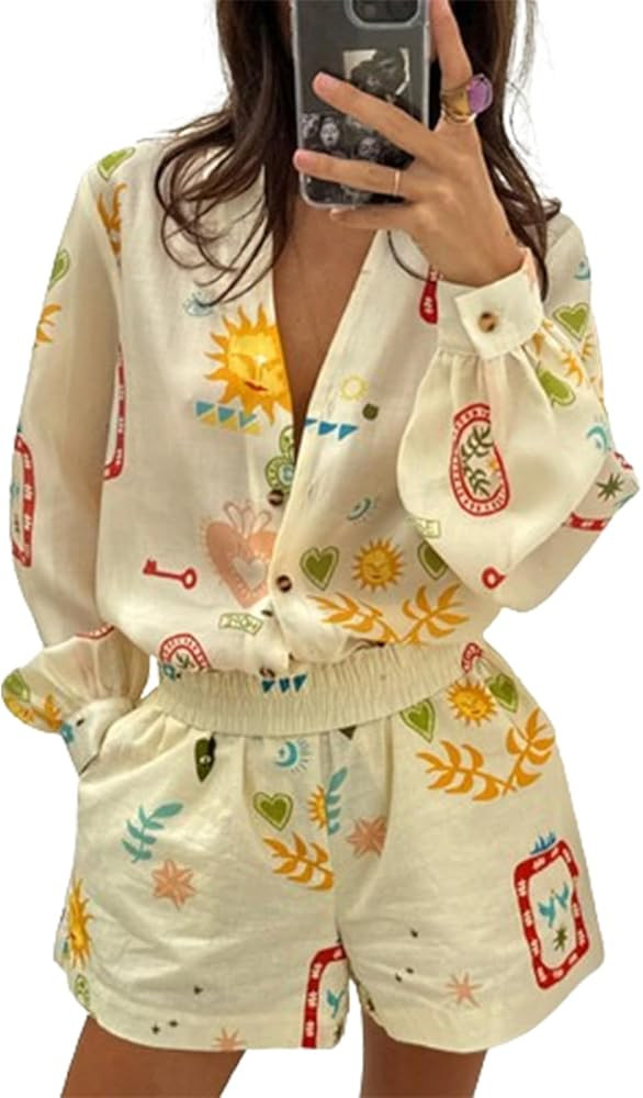Women 2 Piece Print Shorts Outfits Set Long Sleeve Button Down Shirt and Shorts Sets V Neck Loung... | Amazon (US)