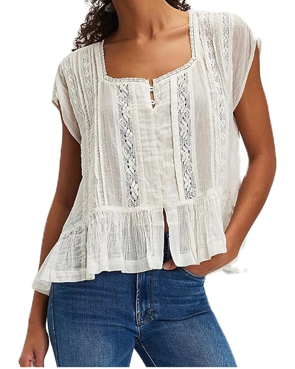 Women’s Tie Front Ruffle Boho Tops Flowy Sheer Short Sleeve Lace Blouse Y2k Embroidered Babydol... | Amazon (US)
