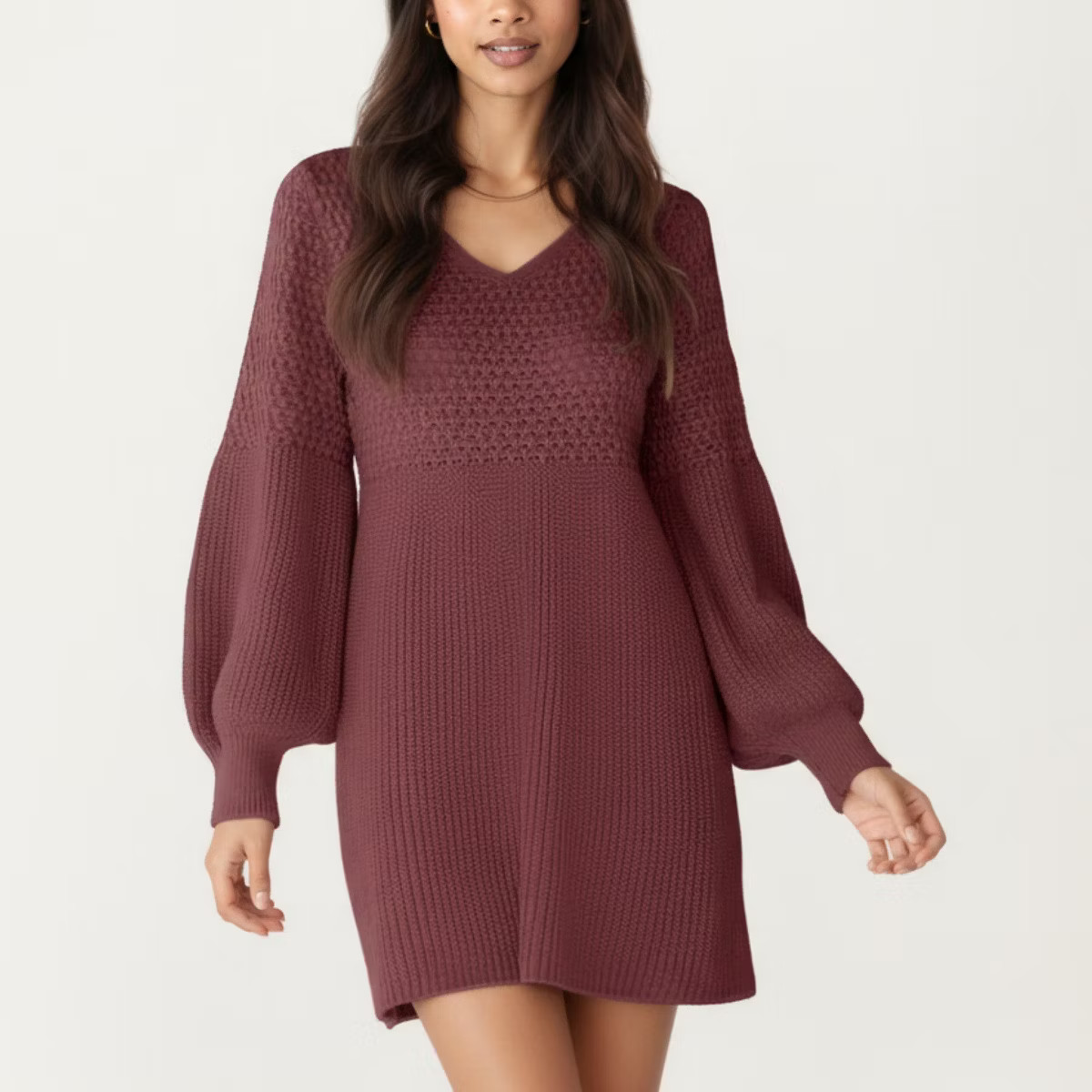 Anna-Kaci Women's Long Sleeve Knit Sweater Dress with Textured Bodice and Balloon Sleeves | Target