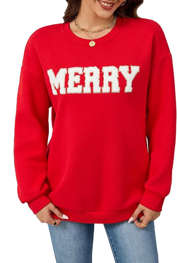 Samring Christmas Sweatshirts for Women Oversized Crewneck Long Sleeve Letter Graphic Merry Pullo... | Amazon (US)