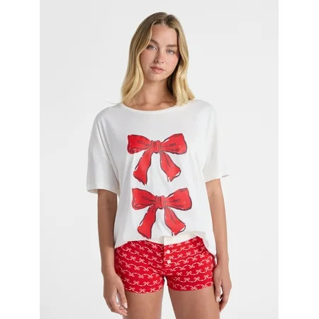No Boundaries Sleepwear Cotton Tee and Boxer Shorts Set, 2-Piece, Women’s | Walmart (US)