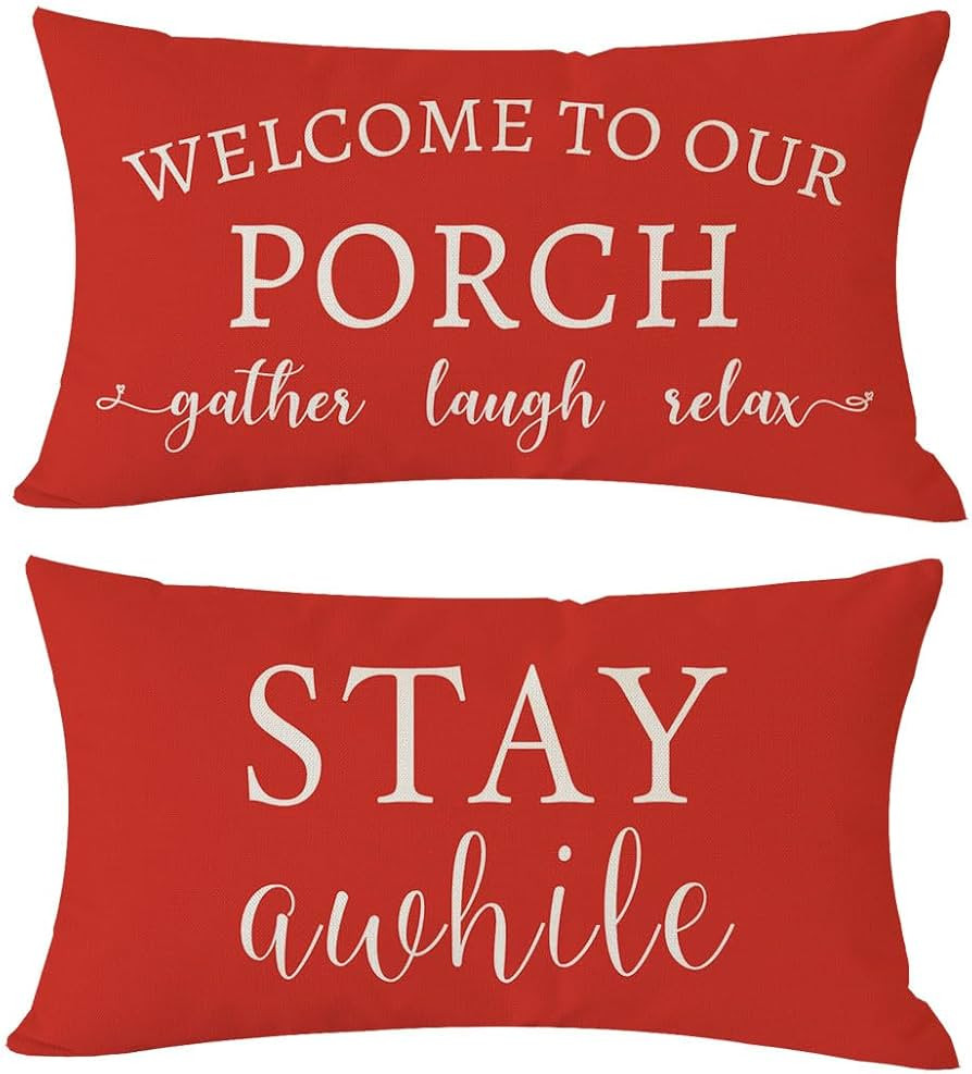 PANDICORN Welcome to Our Porch Stay Awhile Farmhouse Throw Pillow Covers 12x20 Set of 2 Red Outdo... | Amazon (US)