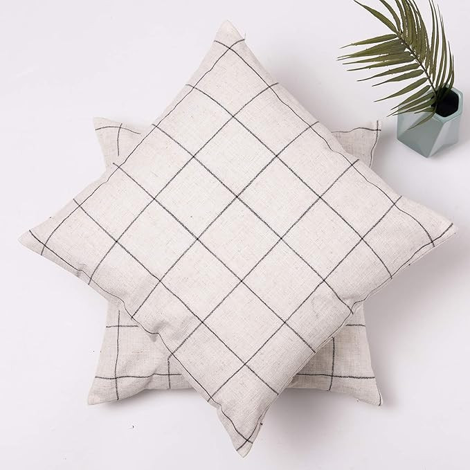 Basic Model Set of 2 Plaid Throw Pillow Covers Linen Blend Square Pillowcases Decorative Cushion ... | Amazon (US)