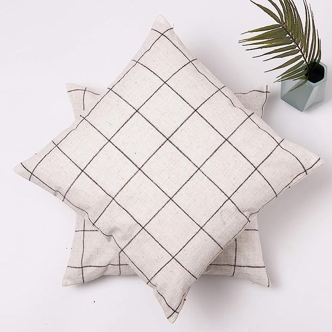 Basic Model Set of 2 Plaid Throw Pillow Covers Linen Blend Square Pillowcases Decorative Cushion ... | Amazon (US)