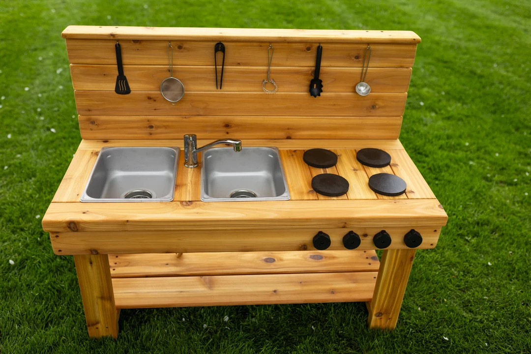 Simple Mud Kitchen With Backsplash (left)| Outdoor Pretend Kitchen With Working Sink | Montessori... | Etsy (Global)