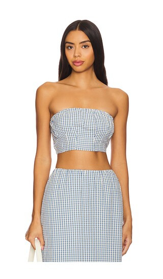 Mira Strapless Crop Top in Blue & Cream Gingham | Revolve Clothing (Global)
