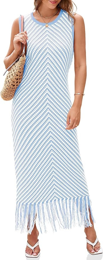 Wenrine Womens Summer Crochet Knit Dress Casual Striped Tassel Sleeveless Boho Maxi Dresses | Amazon (US)