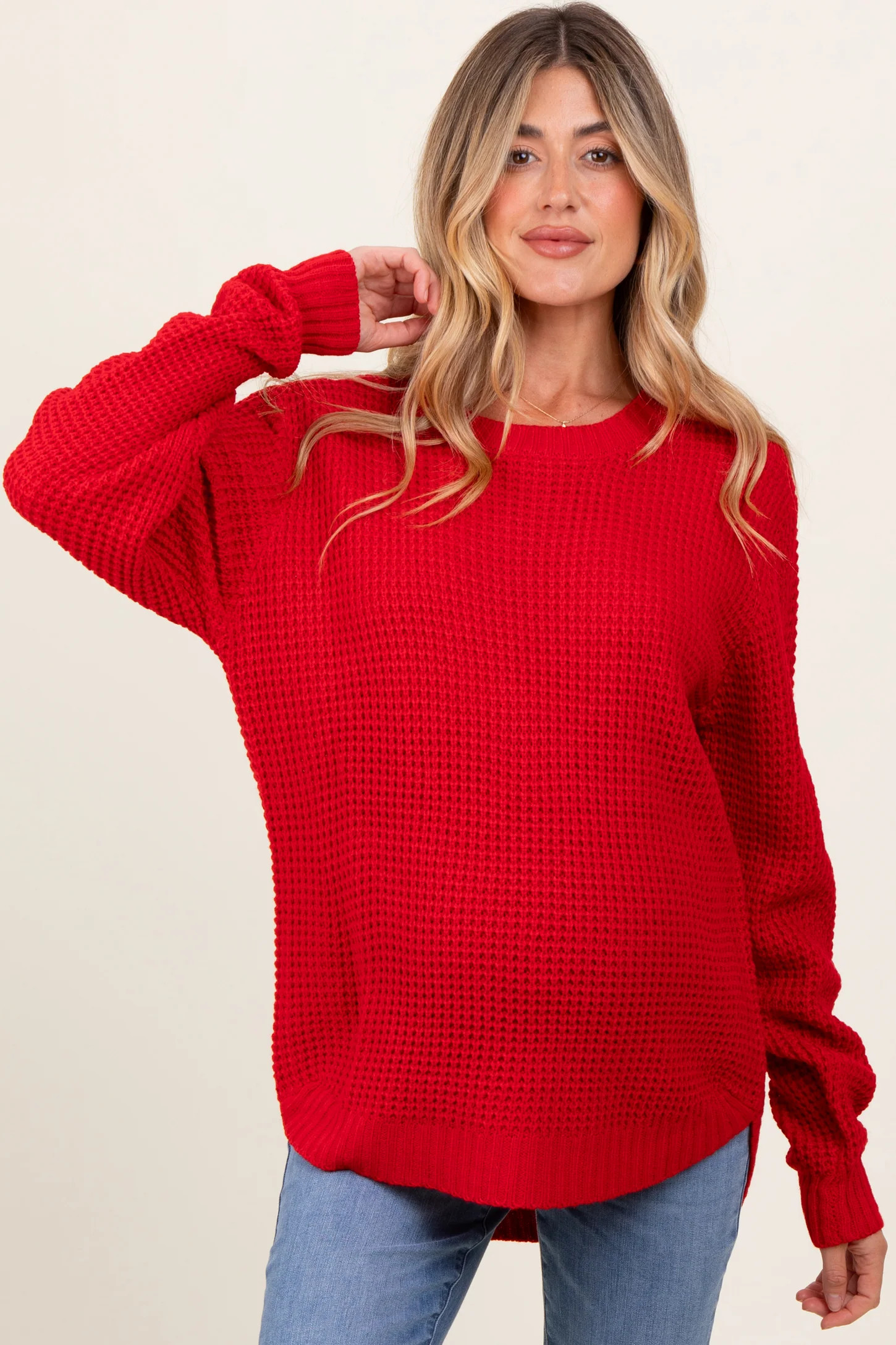 Red Waffle Knit Rounded Hem Maternity Sweater | PinkBlush Maternity