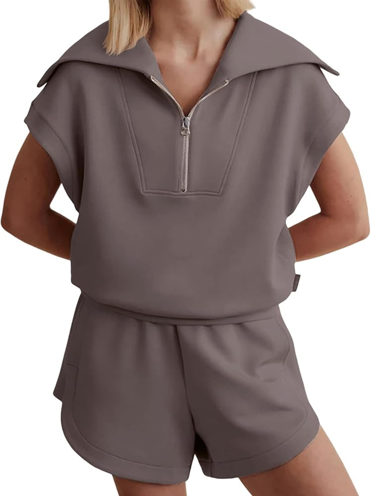 Meladyan Women Two Piece Outfits Tracksuit Half Zip Lapel Cap Sleeve Sweatshirt High Waist Drawst... | Amazon (US)