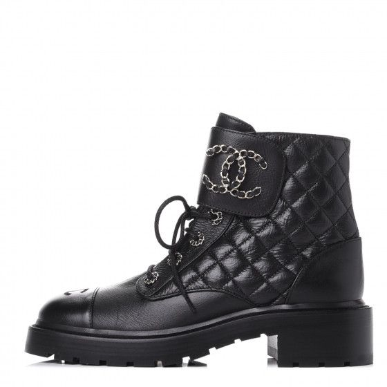 CHANEL

Shiny Goatskin Calfskin Quilted Lace Up Combat Boots 39 Black | Fashionphile