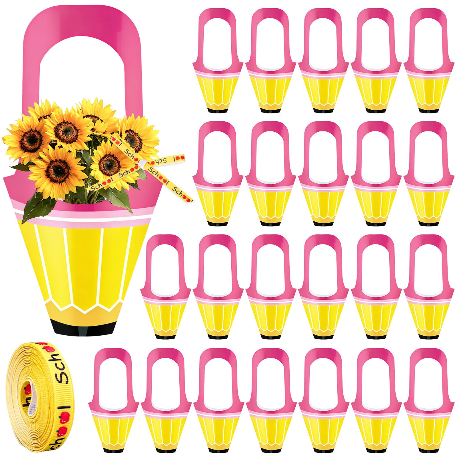 AnyDesign 20Pcs Teacher Appreciation Week Flower Gift Bags with Handle & Craft Ribbon Pencil Shap... | Amazon (US)