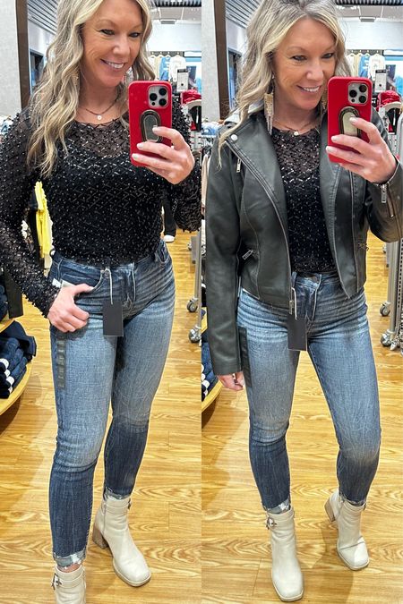 Buckled out in Buckle Black fit 93 curvy fit ankle skinny jean. I’m wearing size 25 in this post but have another post where I’m wearing the size 25-a size down from my regular and I prefer the fit of the smaller size. Small beaded black top and faux leather hooded motorcycle jacket   

#LTKGiftGuide #LTKparties #LTKSeasonal