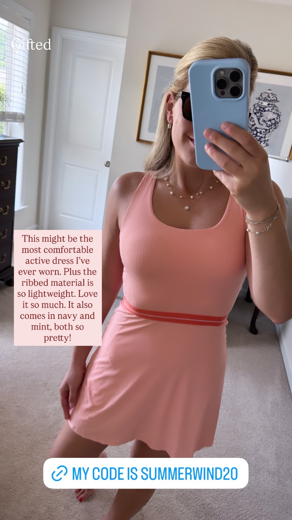 Gifted  This might be the most comfortable active dress I’ve ever worn. Plus the ribbed material is so lightweight. Love it so much. It also comes in navy and mint, both so pretty! @rhone