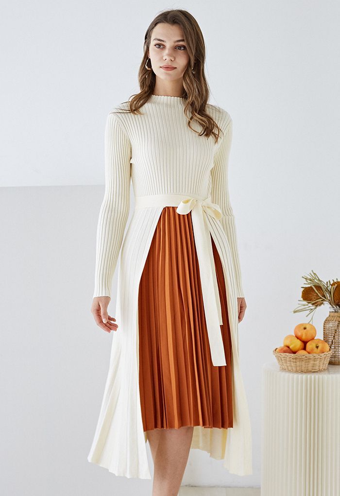 Front Pleats Splicing Belted Hi-Lo Knit Dress in Cream | Chicwish