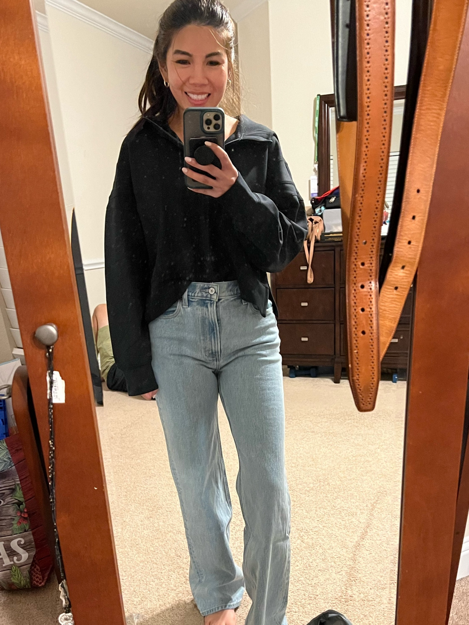 softest half zip hoodie ever / size small

high rise 90s relaxed fit jeans / size 26, light color, regular length  (I’m 5’4”) 