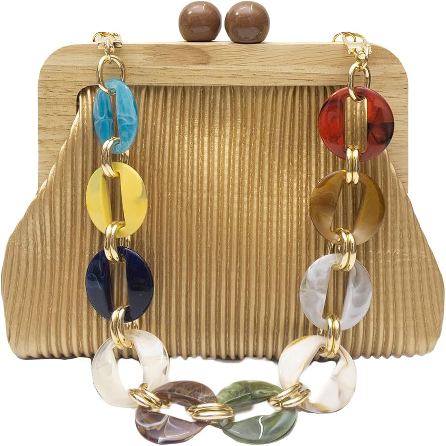Women Evening Bag Pleated Clutch Bag Wooden Beads Handbag Bridal Wedding Purse Elegant PU Leather... | Amazon (US)