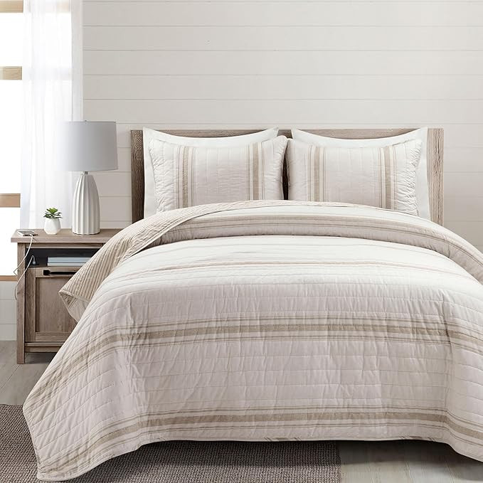 Lush Decor Farmhouse Stripe Reversible Cotton Quilt Queen Size 3 Piece Set Full/Queen Neutral - F... | Amazon (US)