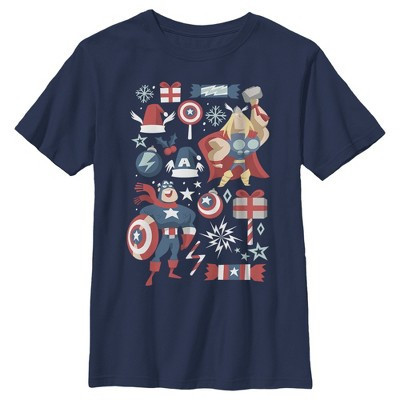 Boy's Marvel Christmas Festive Hero Icons  T-Shirt - Navy Blue - Large | Target