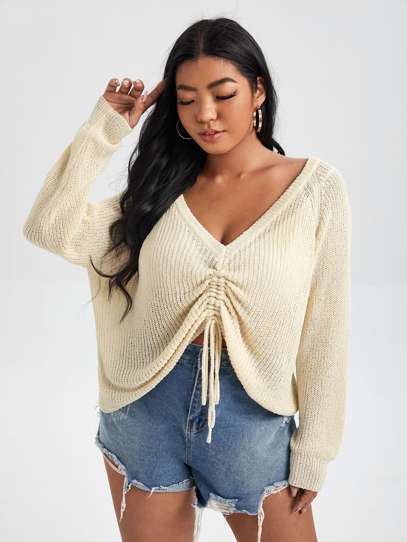 Plus Plunging Neck Drawstring Front Sweater | SHEIN