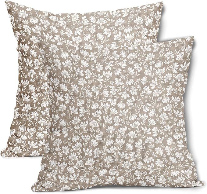 Tan Khaki Beige Daisy Floral Pillow Covers 18X18 Inch Vintage Flowers Decorative Pillow Cases Set... | Amazon (US)