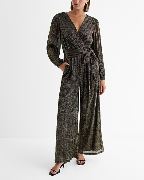 Metallic V-neck Surplice Tie Waist Wide Leg Jumpsuit | Express