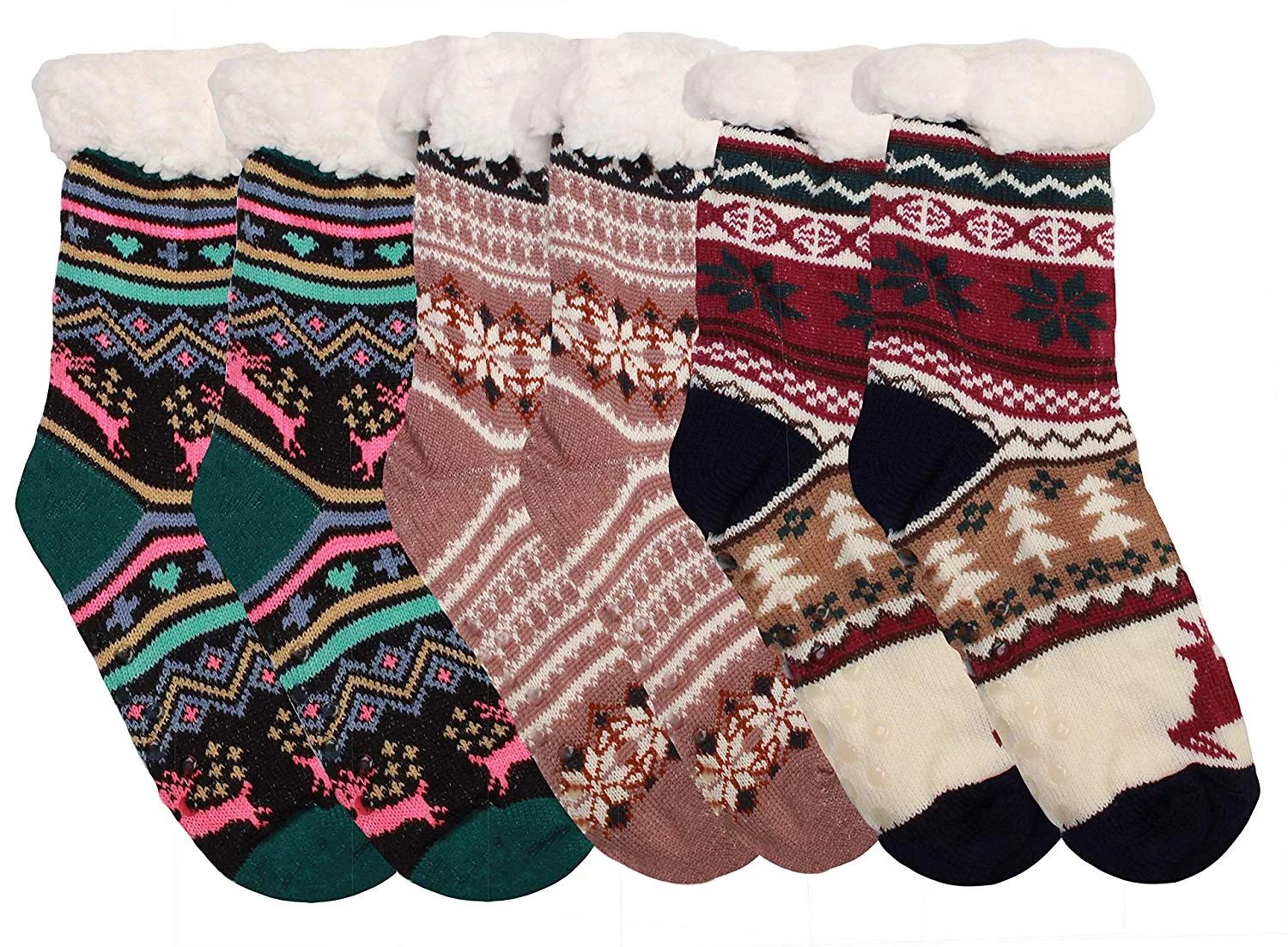 Winter-Weight Thermal Fleece-Lined Cozy Christmas Holiday Sherpa Lined Slipper Socks, 3 Pair Pack... | Walmart (US)