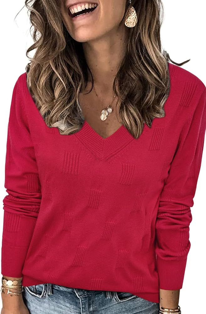 Arach&Cloz Women 2025 Fashion V Neck Long Sleeve Shirts Blouse Knit Casual Pullover Spring Sweate... | Amazon (US)