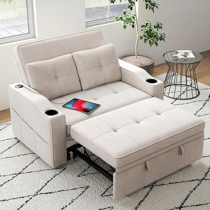 3-in-1 Loveseat Sofa Bed, Chenille Convertible Sofa, Beige | Amazon (US)