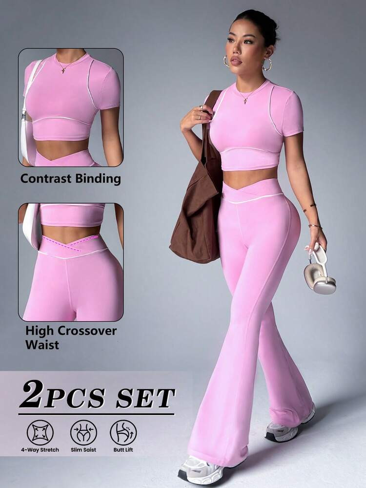 Dewbera Conjunto Deportivo De 2 Piezas Para Mujer Con Top De Cuello Redondo De Manga Corta Con Ribete De Color Contrastante Y Pantalones Anchos De Pierna Larga | SHEIN