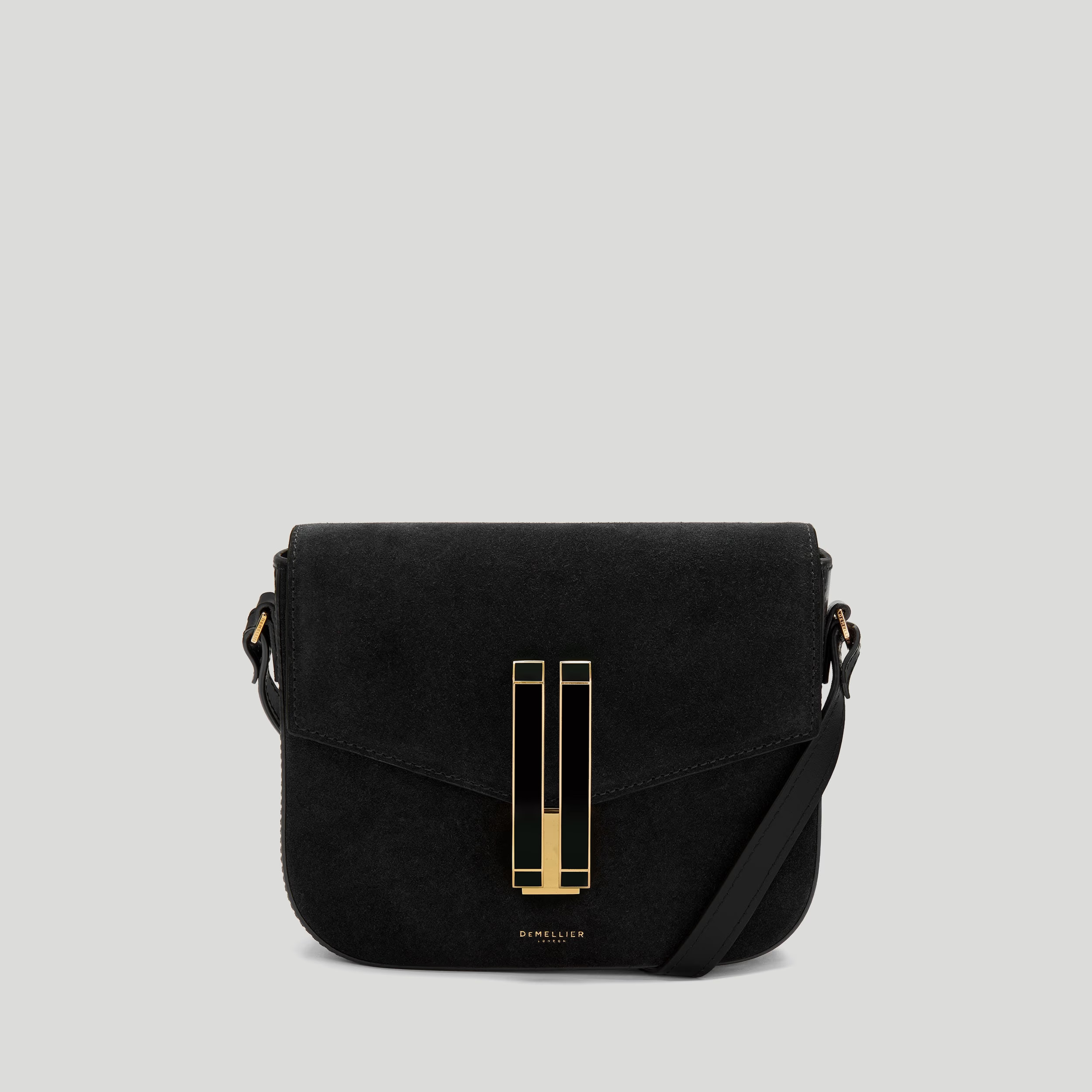 The Small Vancouver | Black Suede & Black Smooth Enamel Lock | DeMellier | DeMellier