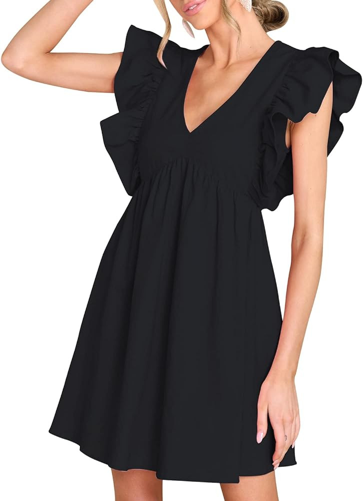 FANCYINN Women's Summer Casual Babydoll Mini Dress Ruffle Sleeveless Deep V Neck High Waist Swing... | Amazon (US)