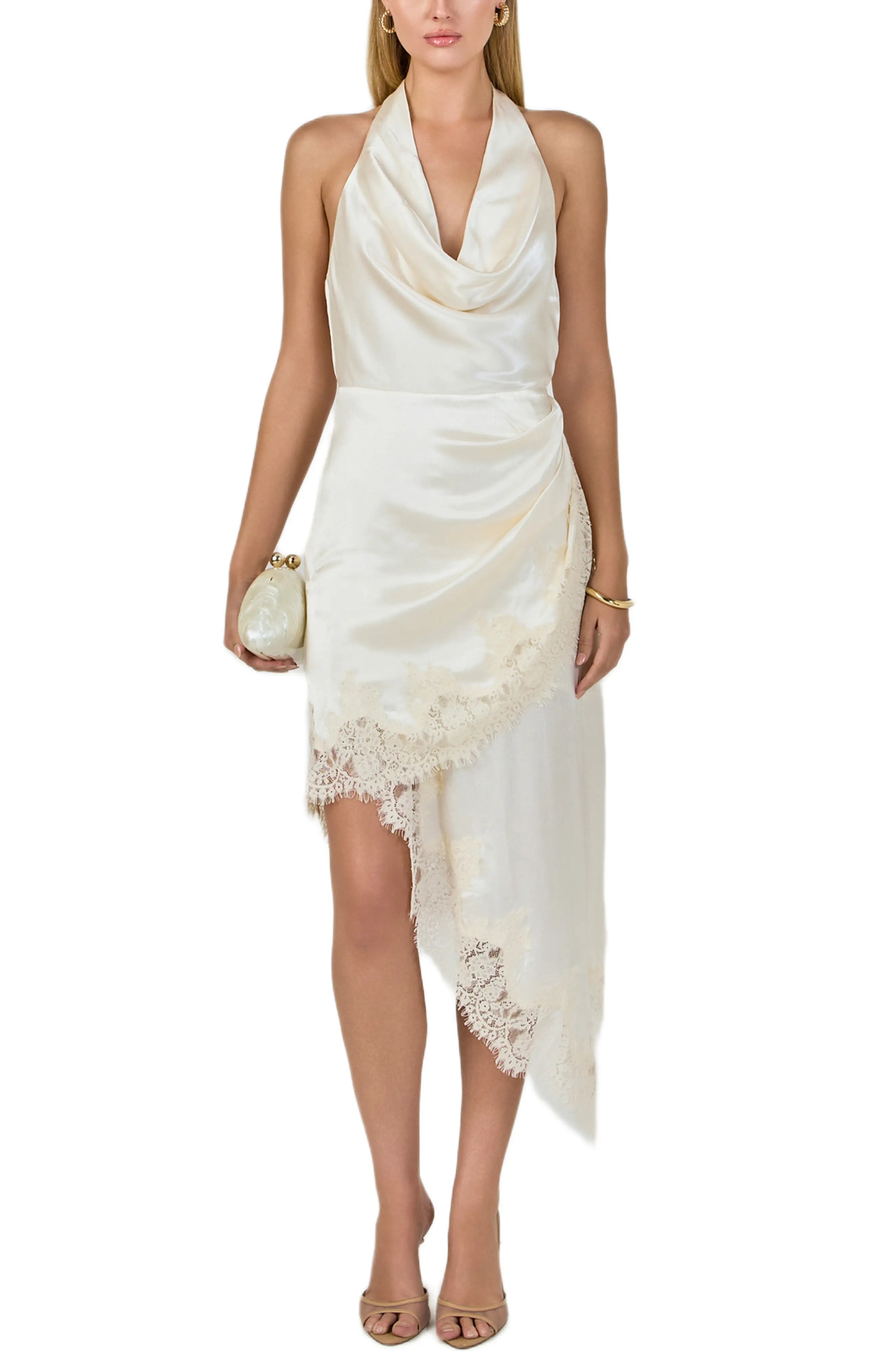 Endless Rose Lace Satin Asymmetric Halter Midi Dress in Champagne at Nordstrom, Size Small | Nordstrom