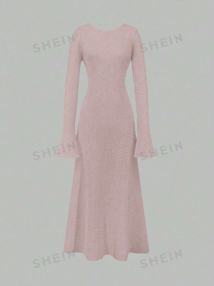 SHEIN MOD Solid Color Bell Sleeve Textured Fabric Dress | SHEIN