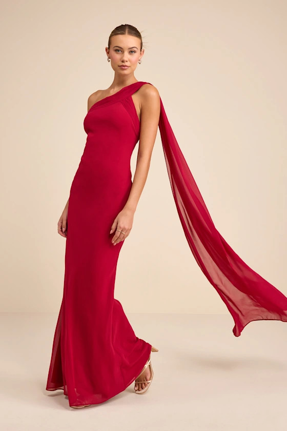 Carmenza Red One-Shoulder Sash Maxi Dress | Lulus