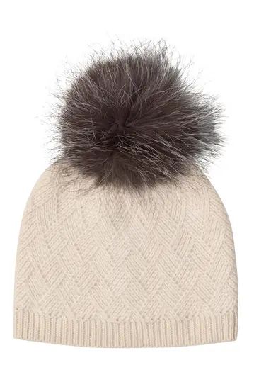 Cashmere Diamond Stitch Knit Hat with Genuine Fox Pom | Nordstrom Rack