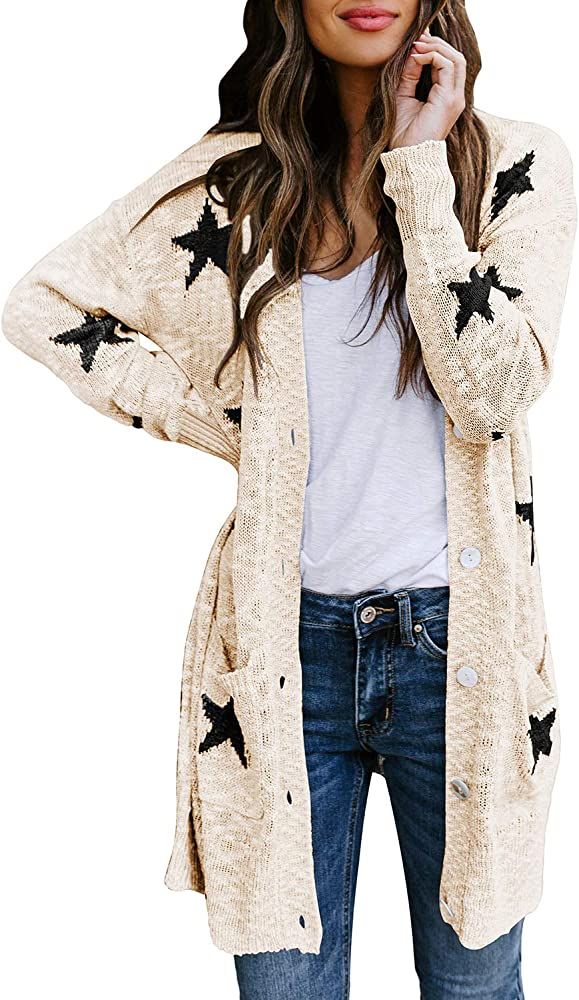 HAPCOPE Women's Star Print Button Down Knit Open Front Cardigan Sweaters with Pockets | Amazon (US)