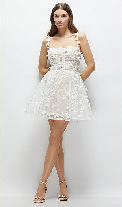 3D Floral Embroidered Little White Mini Dress with Nude Corset Underlay in Ivory | Dessy Group