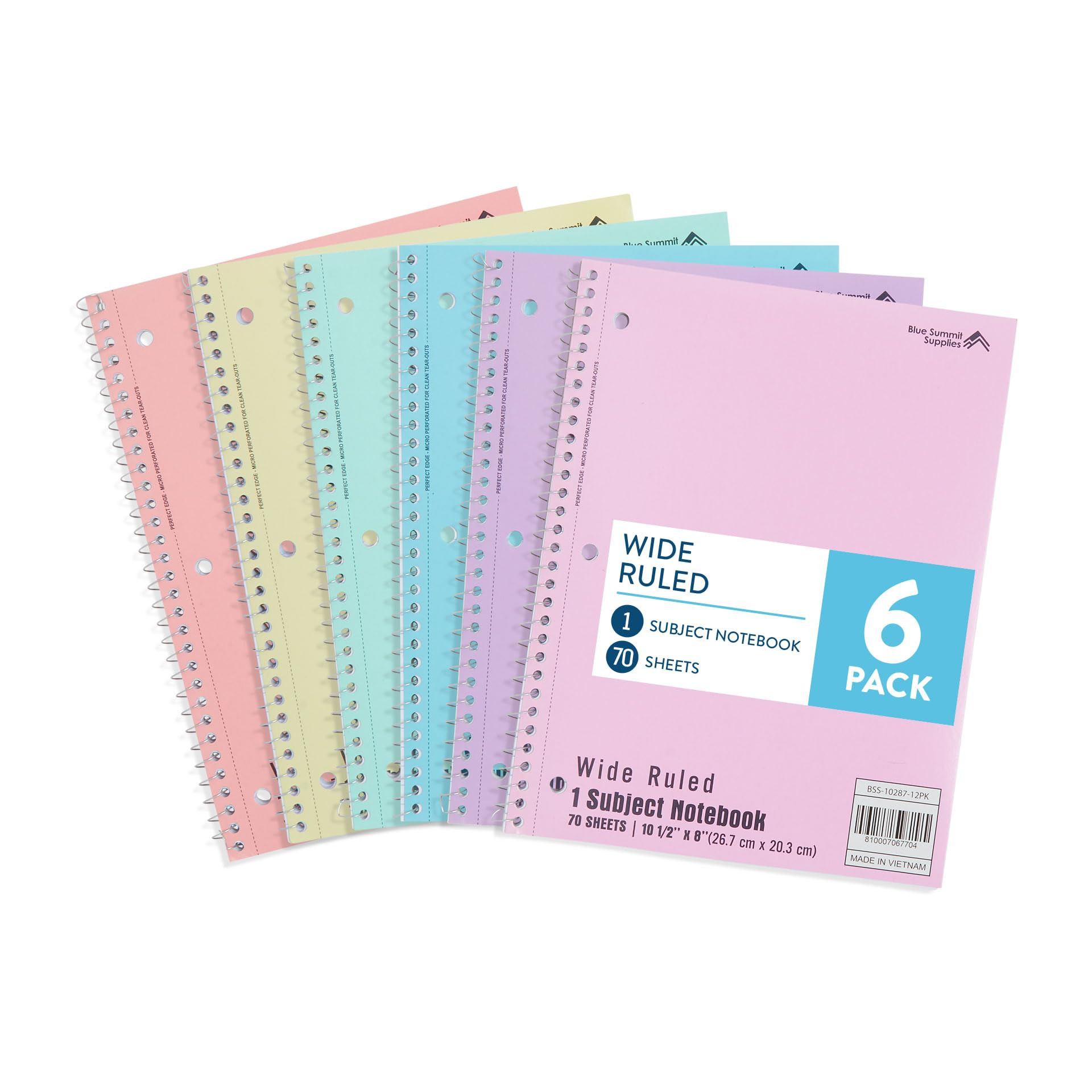 Blue Summit Pastel School Notebooks, 1 Subject Notebooks for School Wide Ruled, 6 Pack | Amazon (US)