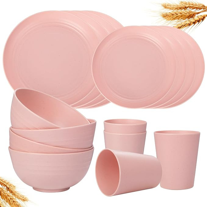 16Pcs Plastic Wheat Straw Dinnerware Set, Reusable Plastic Plate Set for 4, Kitchen Plates And Bo... | Amazon (US)