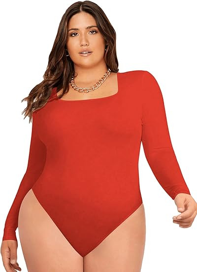 SOLY HUX Womens Plus Size Long Sleeve Bodysuit Square Neck Jumpsuit T Shirt Casual Basic Fitted T... | Amazon (US)