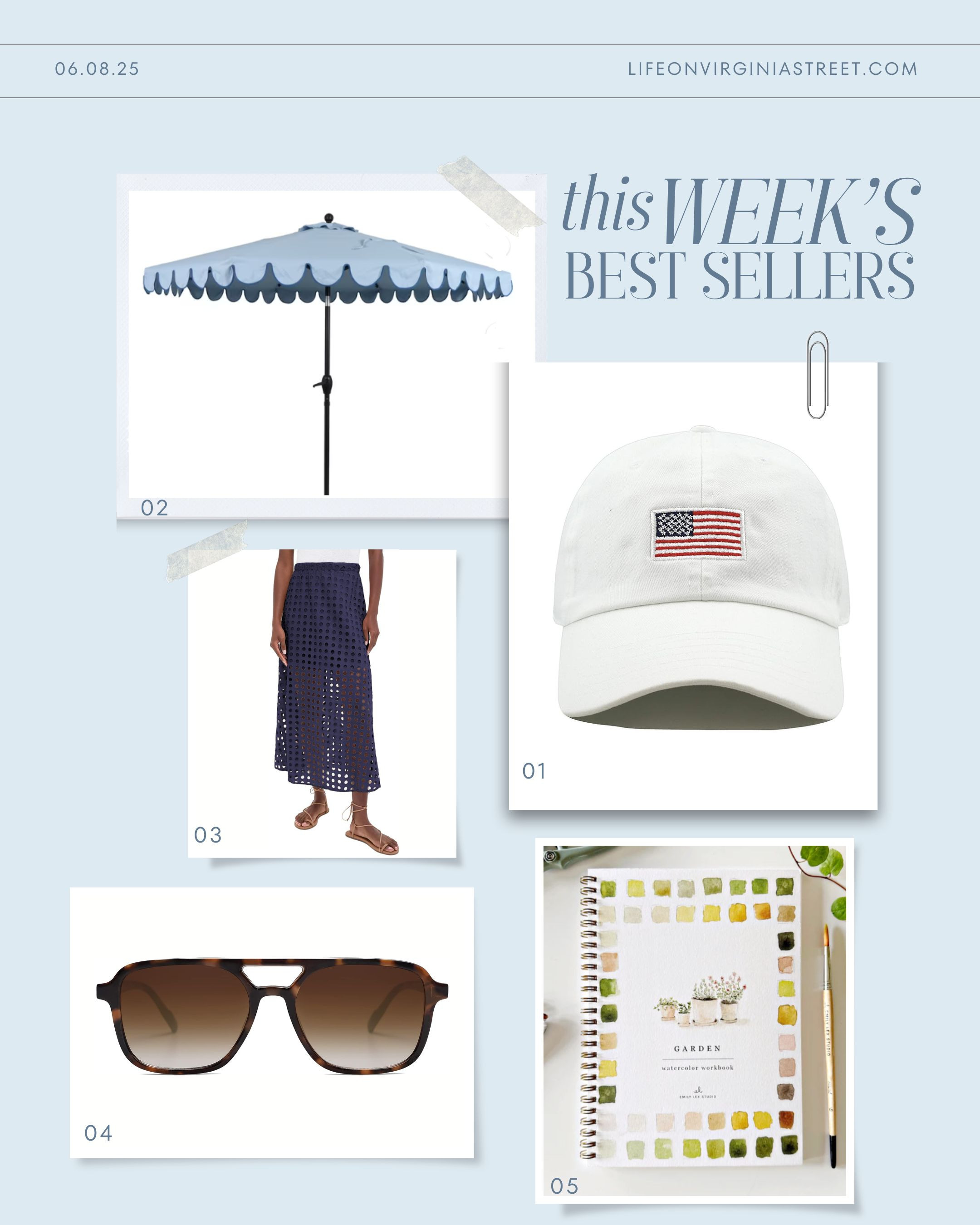 This week's bestsellers include an American flag ball cap, our outdoor scalloped umbrellas, a look for less eyelet skirt, designer look for less sunglasses, and a watercolor workbook! #ltkhome #ltkseasonal #ltkfindsunder50 #ltkfindsunder100 #ltkstyletip #ltksalealert #ltkover40 #ltkmidsize 

 #LTKSeasonal #LTKSaleAlert #LTKFindsUnder50