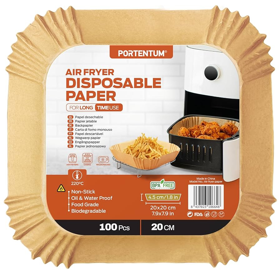 PORTENTUM Backpapier für Heißluftfritteuse 100 Stück BPA-frei, 20x20 cm, Airfryer Backpapier A... | Amazon (DE)