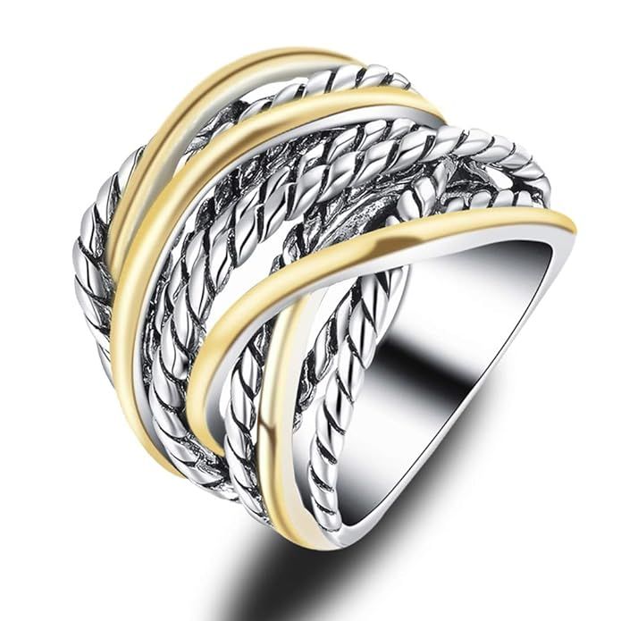 Mytys Silver 2 Tone Wide Statement Rings Vintage Cable Wire Crossover Chunky Band Rings for Women... | Amazon (US)