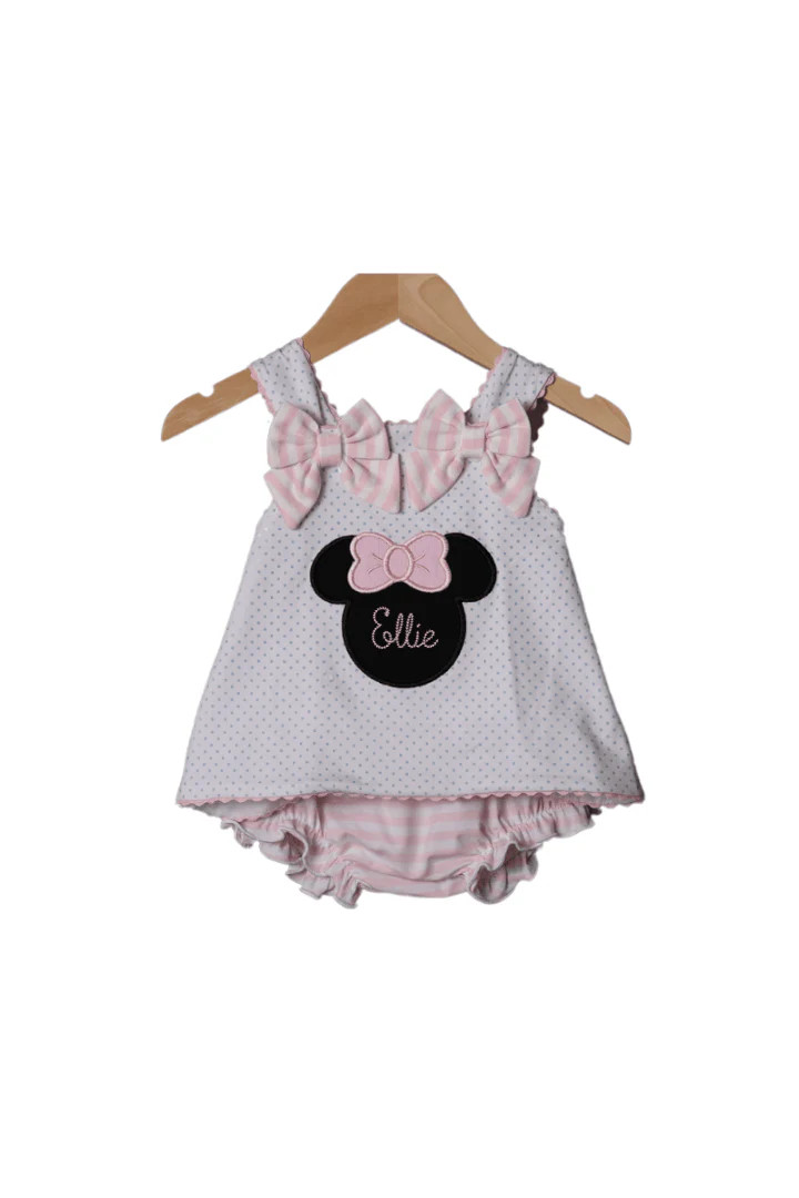 Pink Mouse Applique Bow Bloomer Set | The Smocked Flamingo