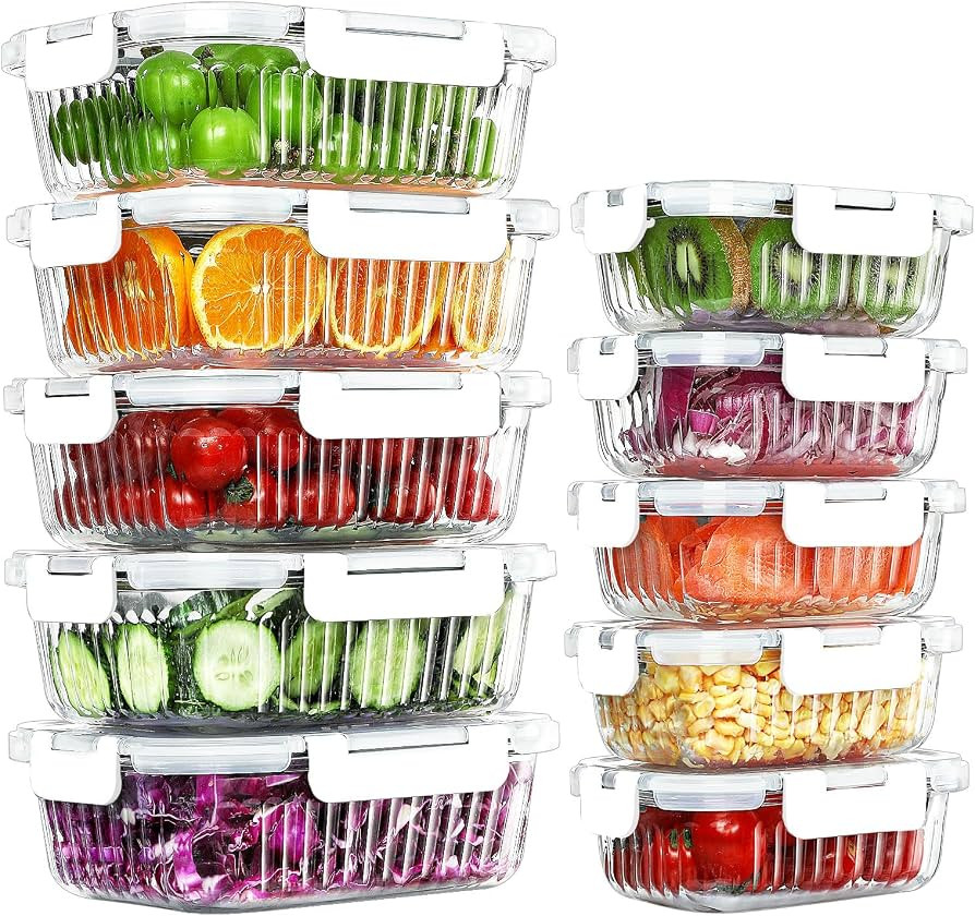 KOMUEE 10 Packs Glass Food Storage Containers Set, Glass Meal Prep Containers with Lids, Airtight... | Amazon (US)