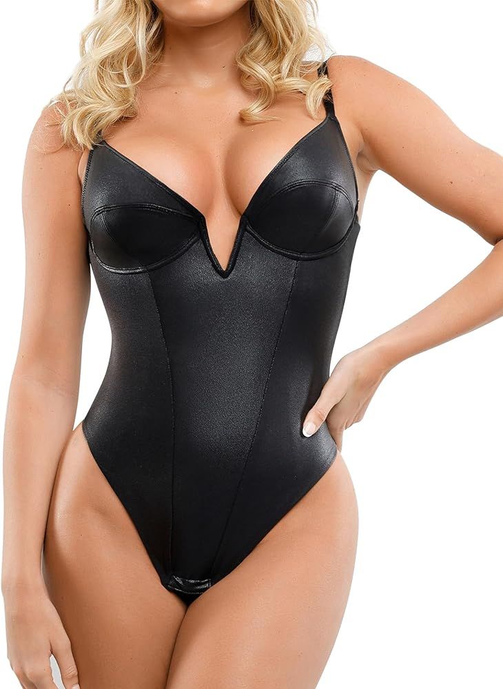 Popilush Bodysuits for Women Tummy Control - Faux Leather Deep V Neck Thong Shapewear Bodysuit Sl... | Amazon (US)