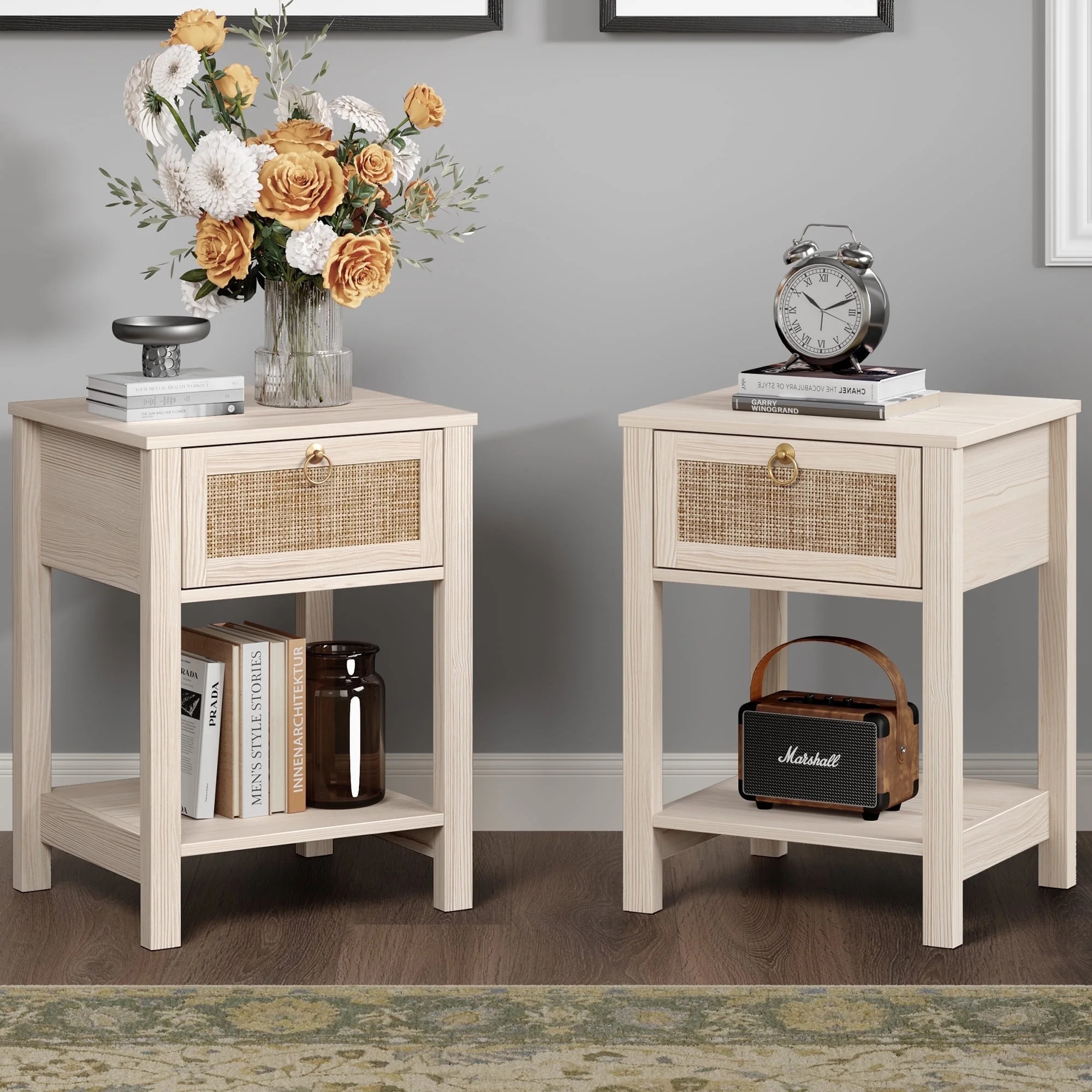 Surmoby White Nightstand Set of 2,Boho Bedside Tables with Rattan Decor Drawer and Open Storage S... | Walmart (US)
